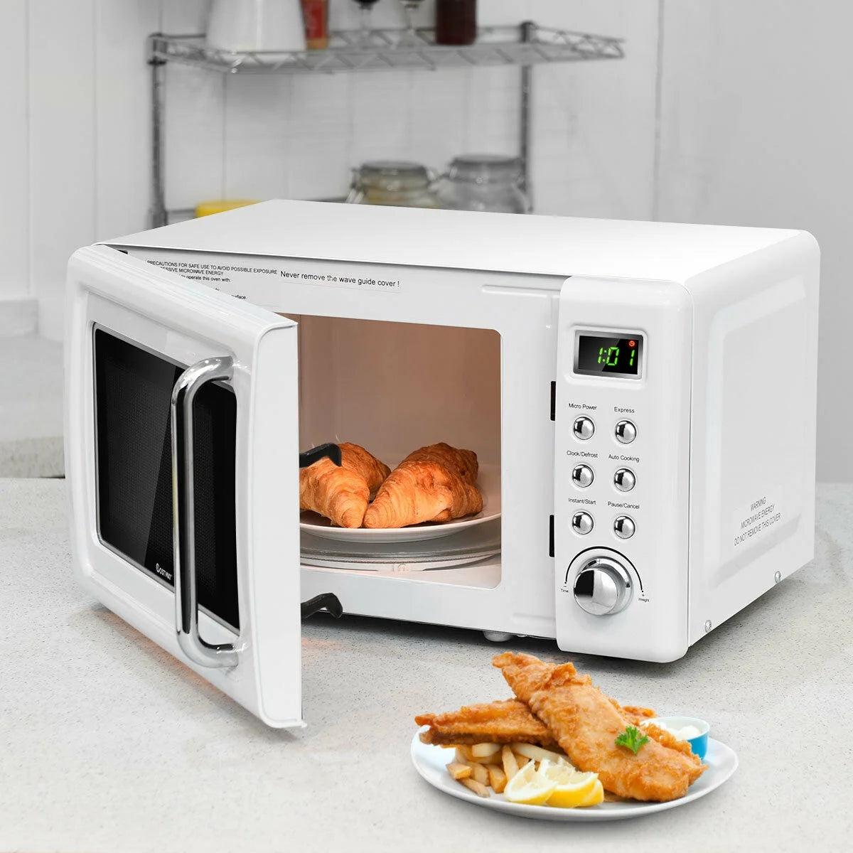 Costway 0.7Cu.ft Retro Countertop Microwave Oven 700W LED Display Glass Turntable Rose Gold