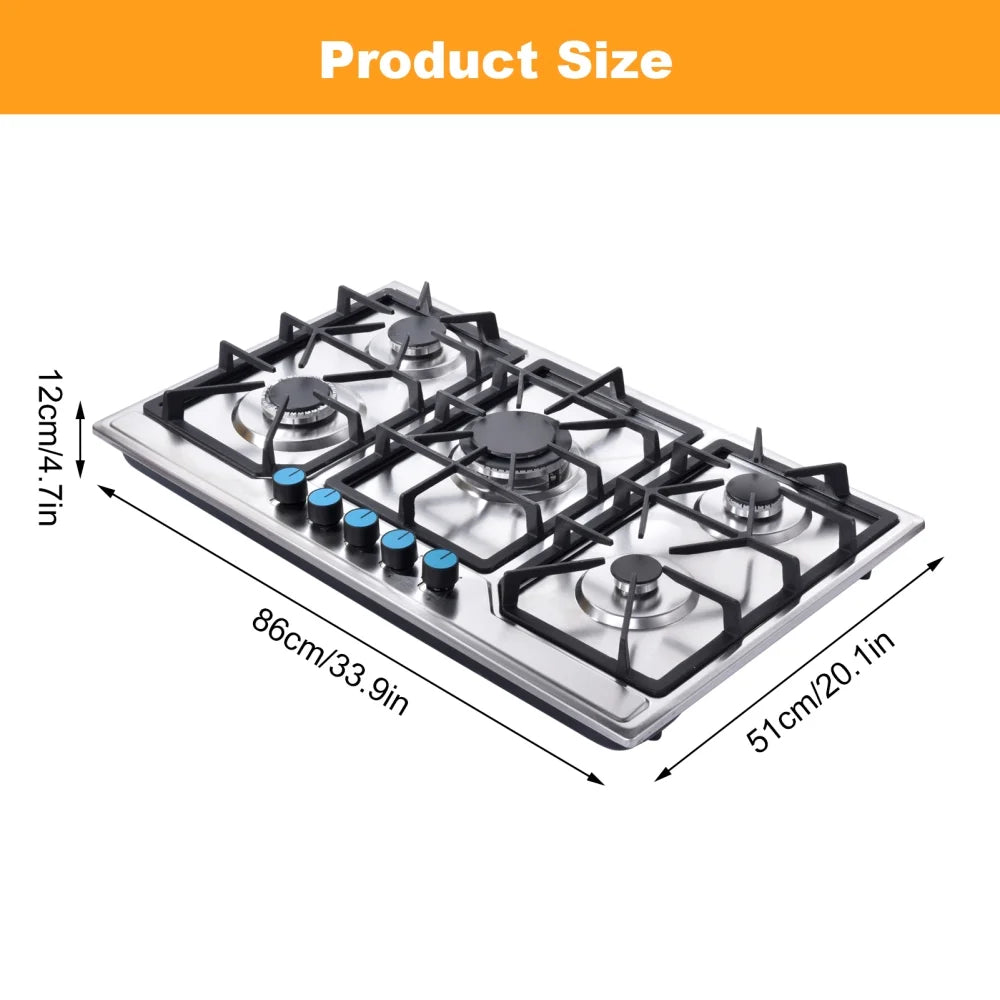 Tohu Stainless Steel Stove 3.3kW 5-Burner Closed Chassis Propane Cooktop for Outdoor/Indoor Cooking