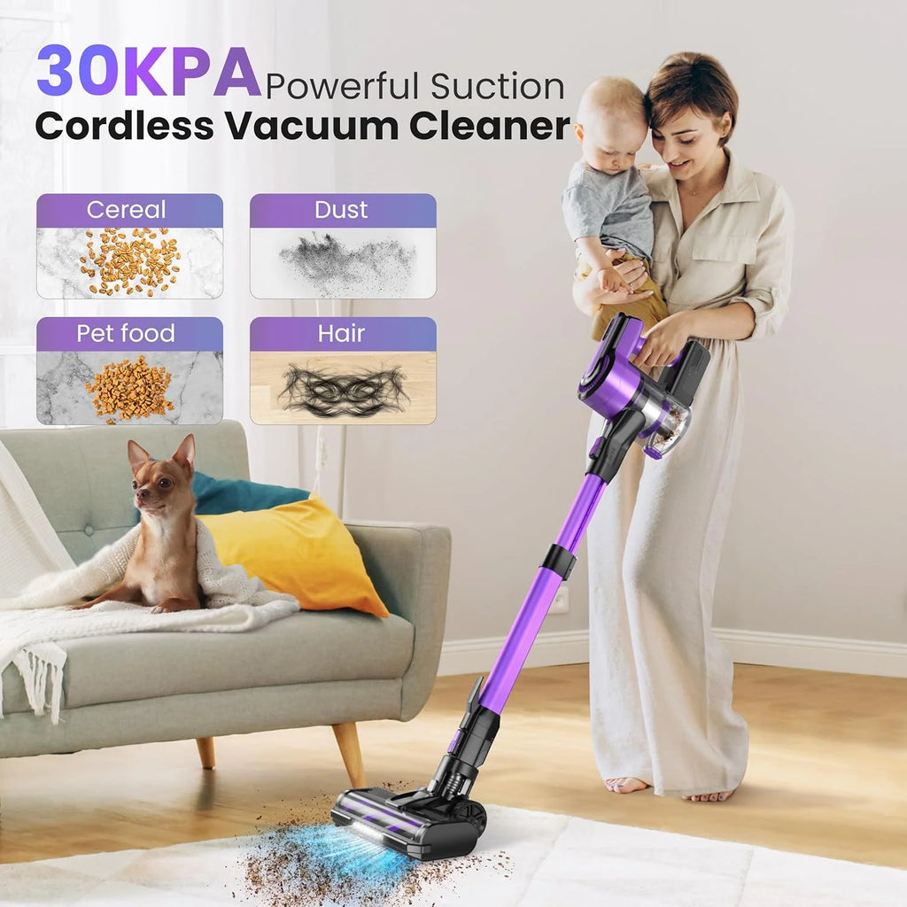POWEART Cordless Vacuum Cleaner, 30Kpa 350W Powerful Stick Vacuum, 8 in 1 Self-Standing Rechargeable Battery Vacuum Up to 55min Runtime, Lightweight Cordless Vacuum for Pet Hair Hard Floor Carpet