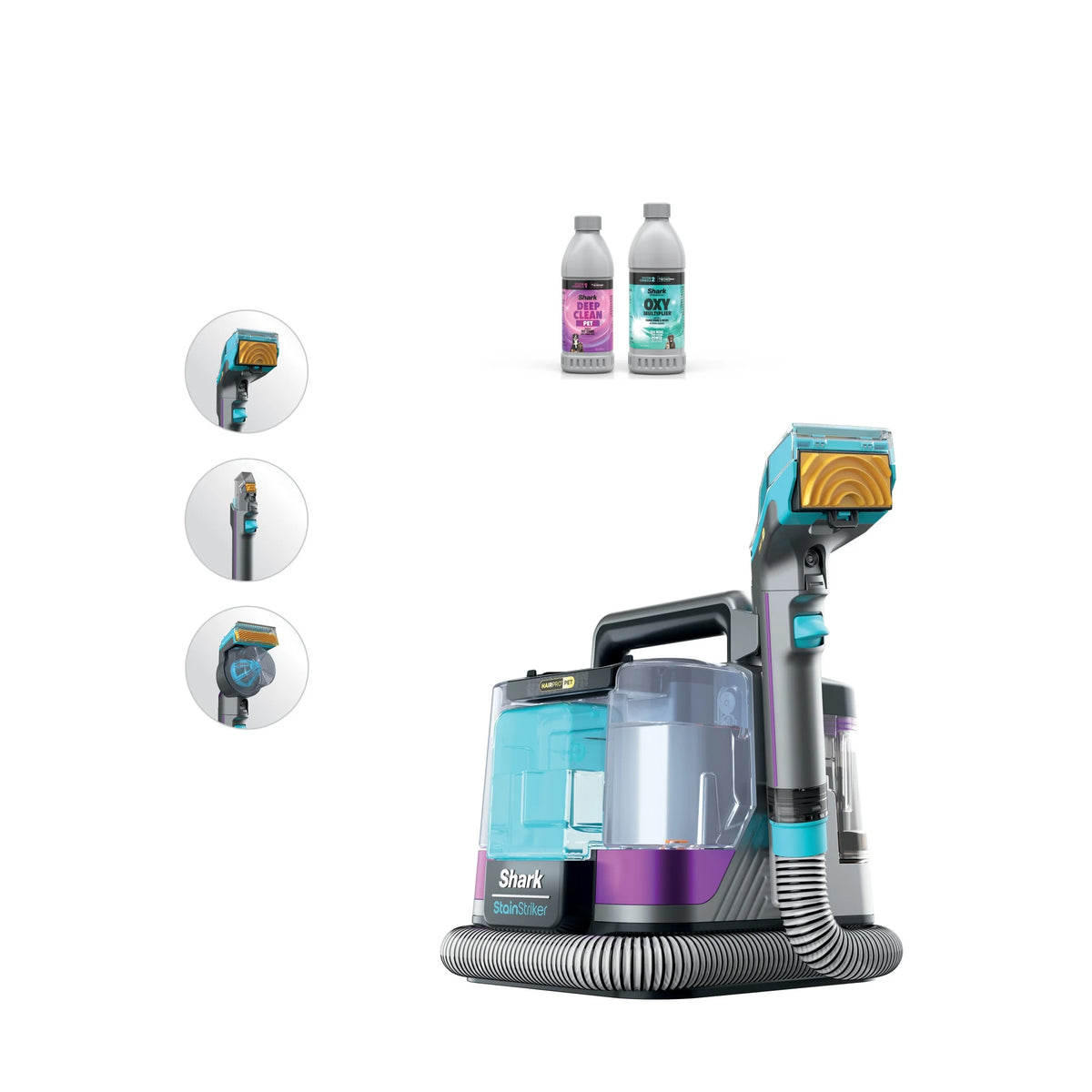 Shark StainStriker HairPro Carpet and Upholstery Cleaner, Portable with 3 Tools, 6oz Deep Clean Pro Formula and 12oz OXY Multiplier Formula, PX250 Dark Silver/Fuchsia