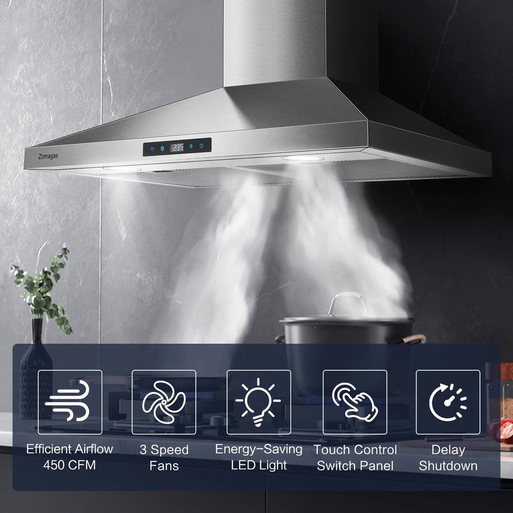 "Joeaonz 30"" Wall Mount Range Hood 450CFM Stainless Steel Kitchen Exhaust Vent with 3-Speed Filters, LED Lights"