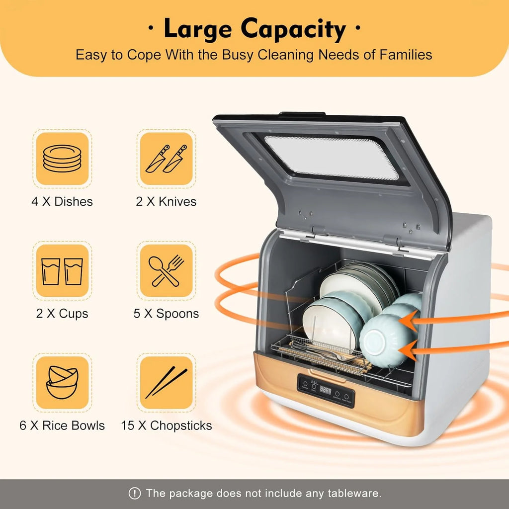 1200W Kitchen Countertop Dishwasher, Portable Mini Dishwashe 360�� Streak-Free Deep Cleaning, 4 Washing Programs Automatic Dish Washing Machine for Home, Apartment, Black