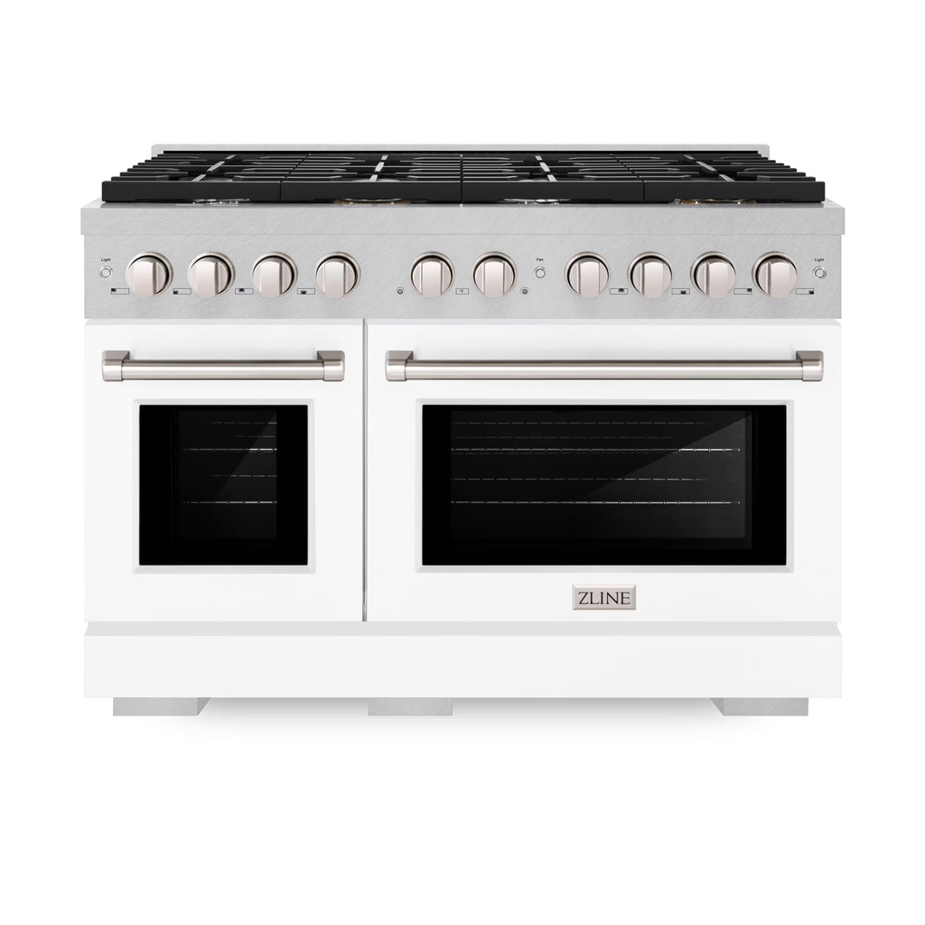 ZLINE 48 in. 6.7 cu. ft. Paramount Double Oven Gas Range with 8 Burner Cooktop in DuraSnow Stainless Steel with White Matte Doors (SGRS-WM-48)