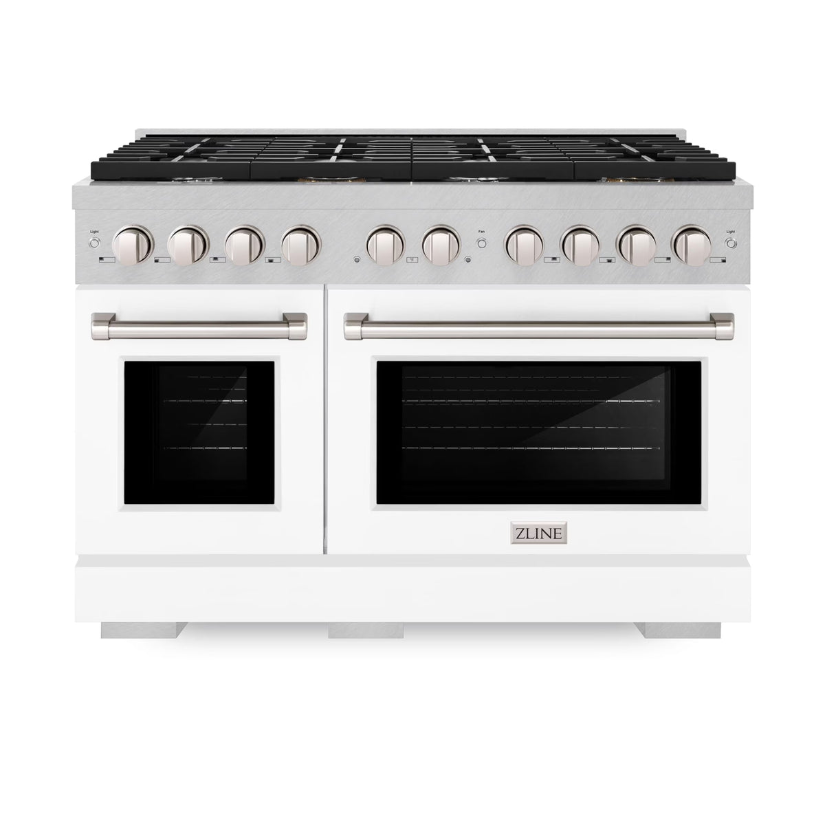 ZLINE 48 in. 6.7 cu. ft. Paramount Double Oven Gas Range with 8 Burner Cooktop in DuraSnow Stainless Steel with White Matte Doors (SGRS-WM-48)
