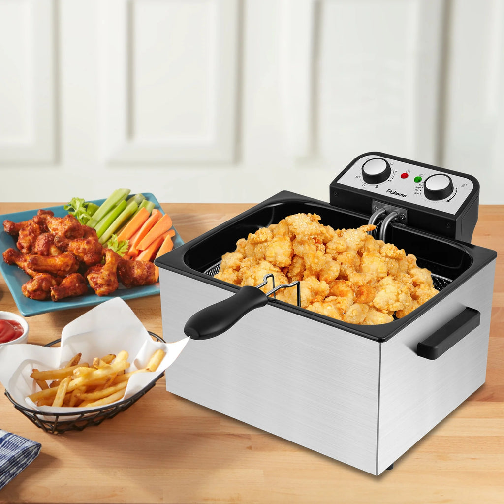 SUSTEAS 5.3 Qt Electric Deep Fryer with 3-Baskets for Home, 1800W, Timer & Temp Control, Stainless Steel & Black