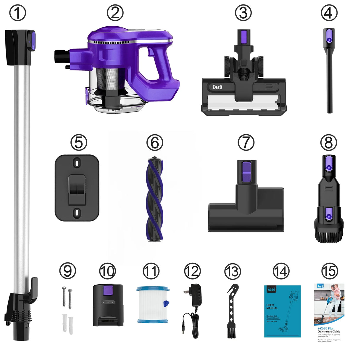INSE Cordless Vacuum Cleaner, 30kPa 300W Powerful Suction Stick Vacuum Cleaner up to 45min Runtime, Rechargeable Battery Vacuum, 8-in-1 Lightweight Vacuum for Carpet Hard Floor Pet Hair, Purple