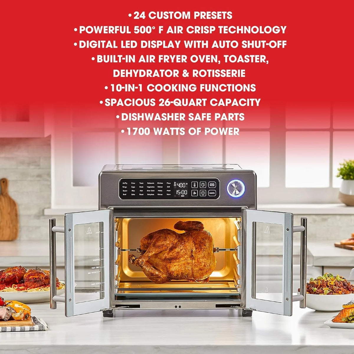 Open Box Emeril 675-02x 8 pcs Emeril Lagasse French Door 360 26 QT Air Fryer, Convection Toaster Oven (Stainless Steel) -