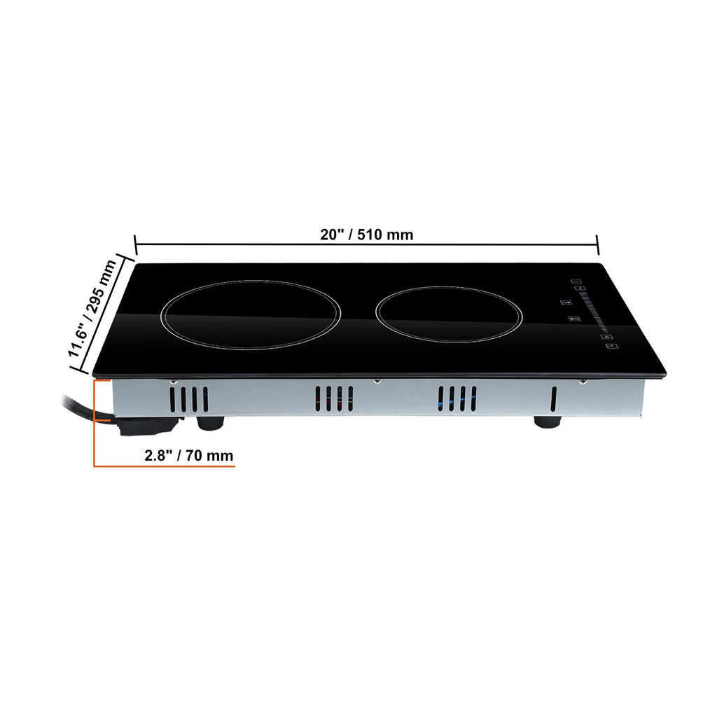 KFFKFF 2 Burner Electric Cooktop, 220-240V 1800W 20 Inch Built-in Electric Stove Ceramic Cooktop with Touch Screen, 9 Levels Settings, Overheat Protection with US Plug