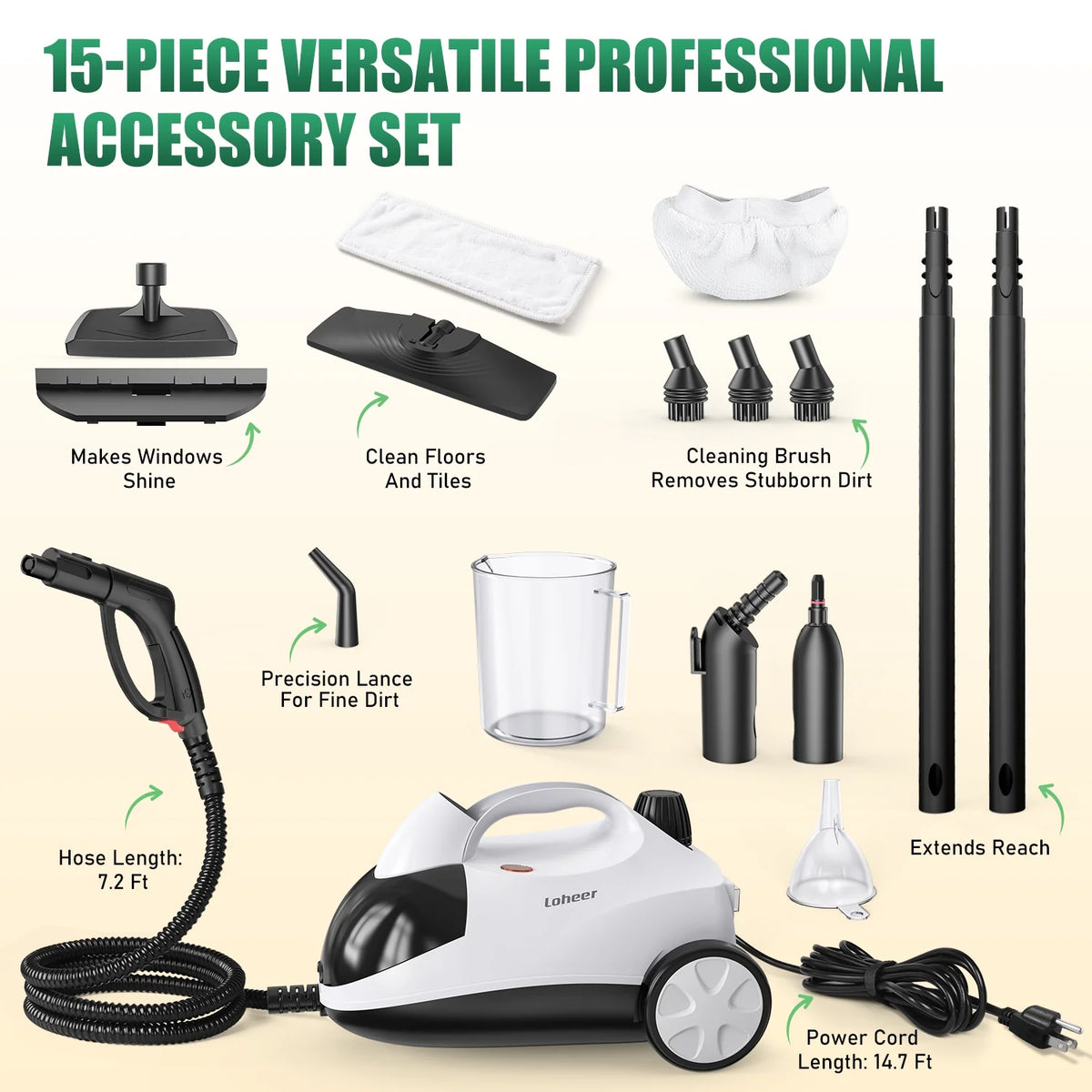 Loheer Steam Cleaner, 1500W Multipurpose Steamer for Cleaning with 15 Accessories,  2L Tank, Child Lock, Chemical-Free Cleaning, Steam Mop for Home, Car, and Furniture