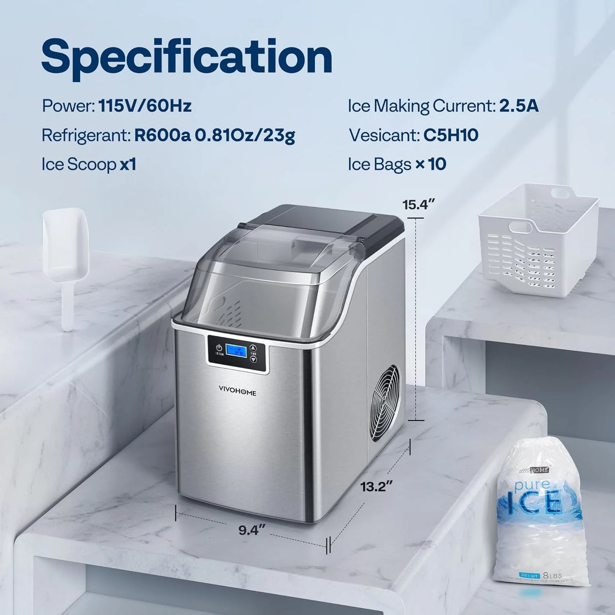 SPECSTAR Nugget Ice Maker Machine, Countertop Ice Maker with Hand Scoop 10 Ice Bags and Self Cleaning Function 44lbs/Day, Silver