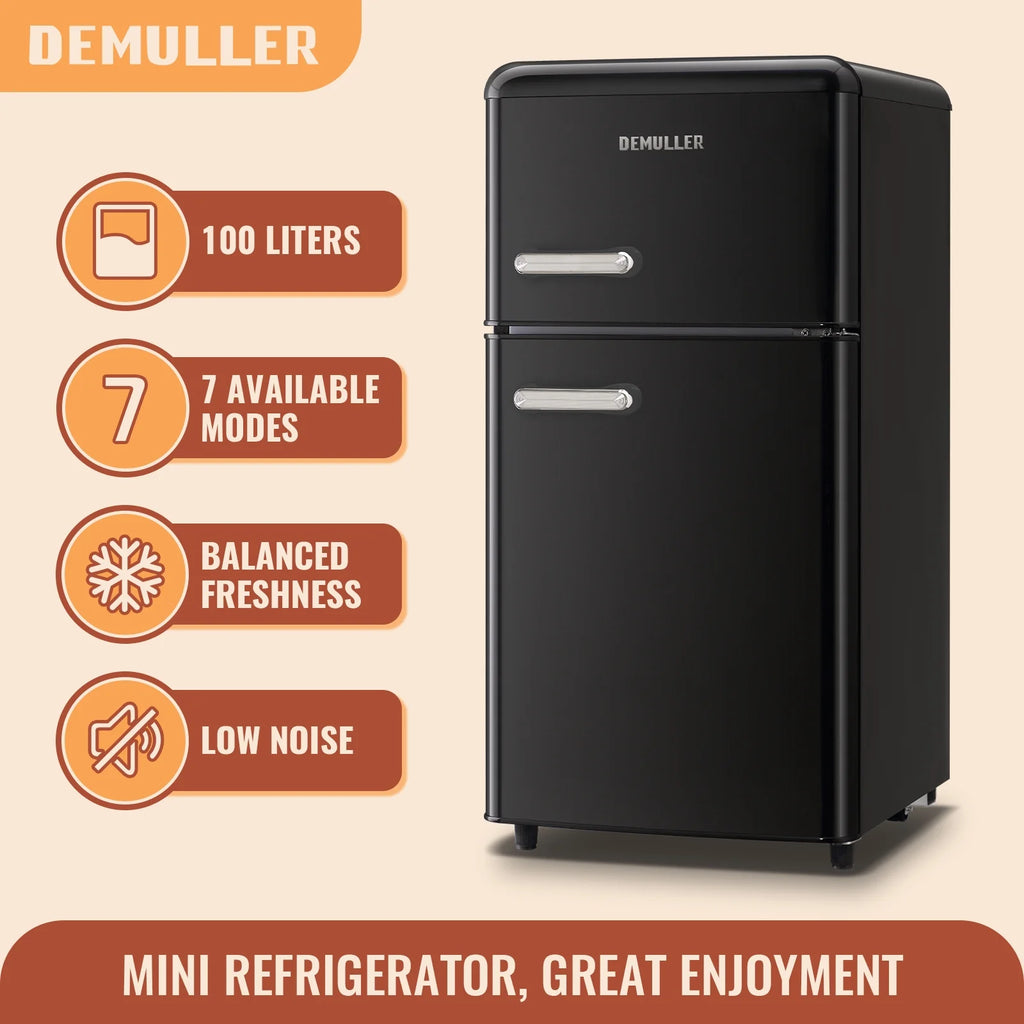 DEMULLER Mini Fridge with Freezer Small Refrigerator Double Door Drinks Holder for Office Black New