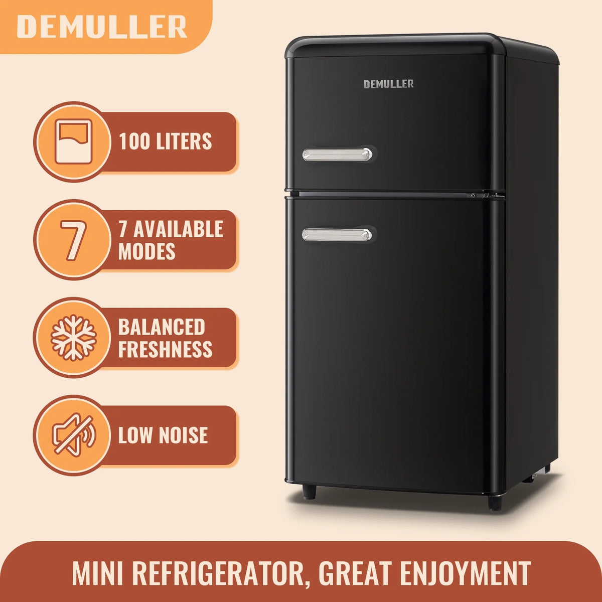 DEMULLER Mini Fridge with Freezer Small Refrigerator Double Door Drinks Holder for Office Black New
