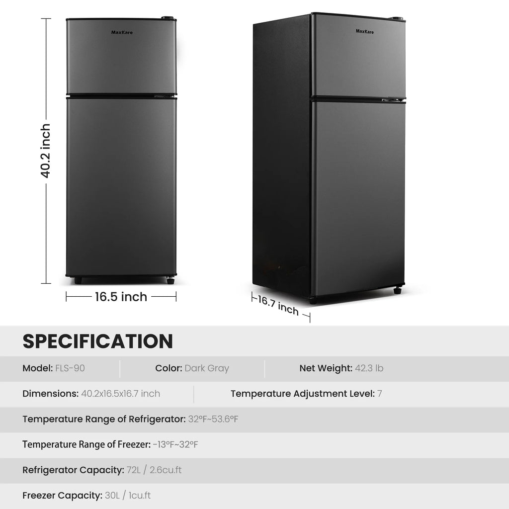 MaxKare 3.6 Cu.ft Mini Fridge with Freezer 2-Door Compact Refrigerator for Dorm, Office, Bar, RV, Bedroom, Silver