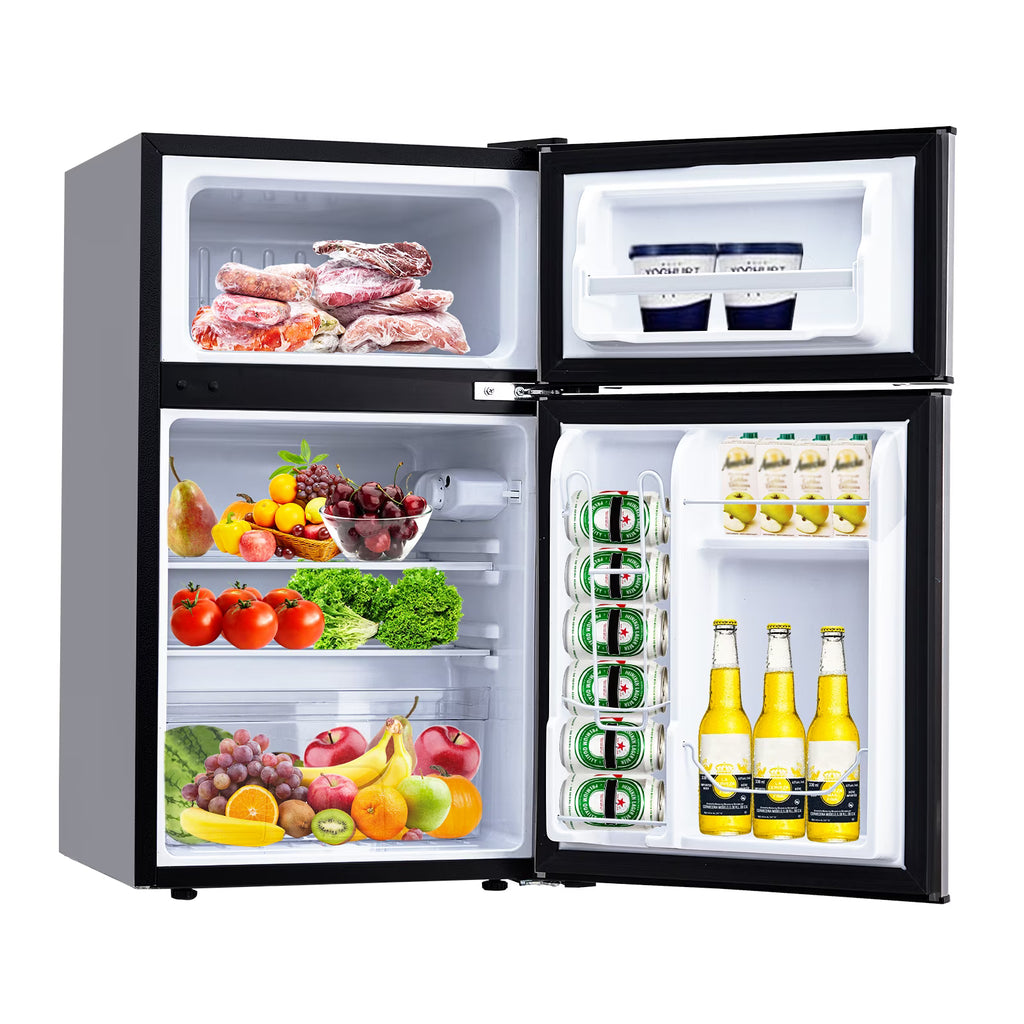 GoFashion 3.2 Cu. Ft Mini Fridge with Freezer, Small Refrigerators Double Door Stainless Steel, 5 Thermostat, Compact Internal Freezer with Crisper Drawer 90L