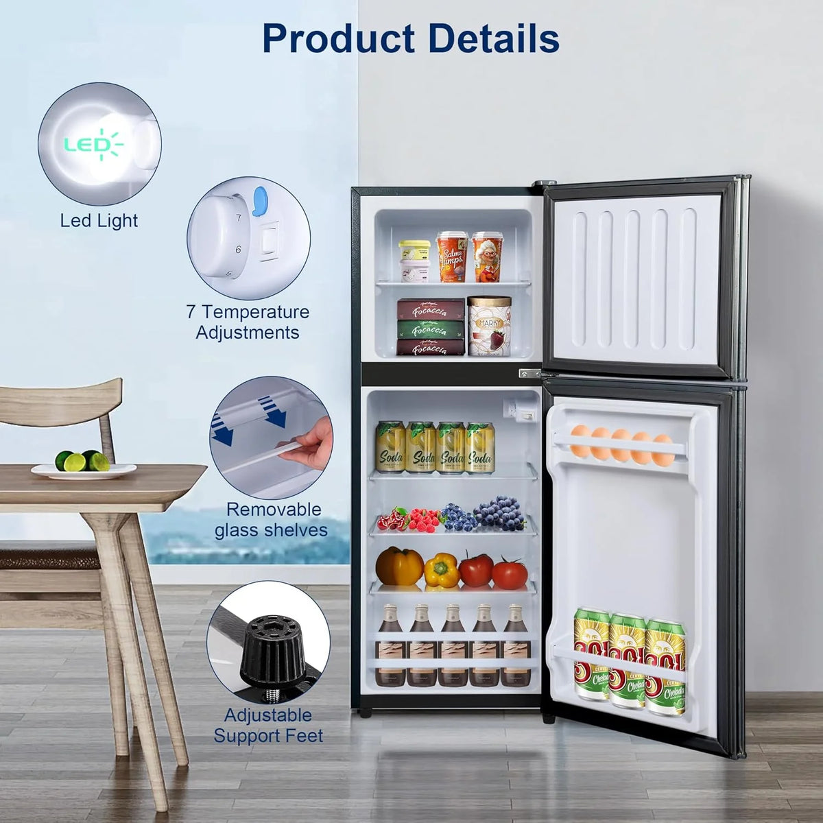 Kcpolre 4.8 Cu.ft Refrigerator with Freezer, 2-Door RV Fridge with Adjustable Thermostat, Compact Refrigerator with Freezer for Home, Kichen, Apartment, Office, Silver