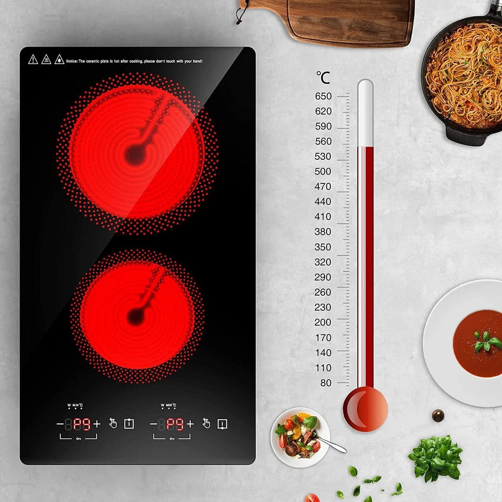 iMeshbean 12inch Electric Ceramic Cooktop 220V 3000W Electric Induction Cooktop 2 Burners Stove Top Built-In/Integrated Touch Control