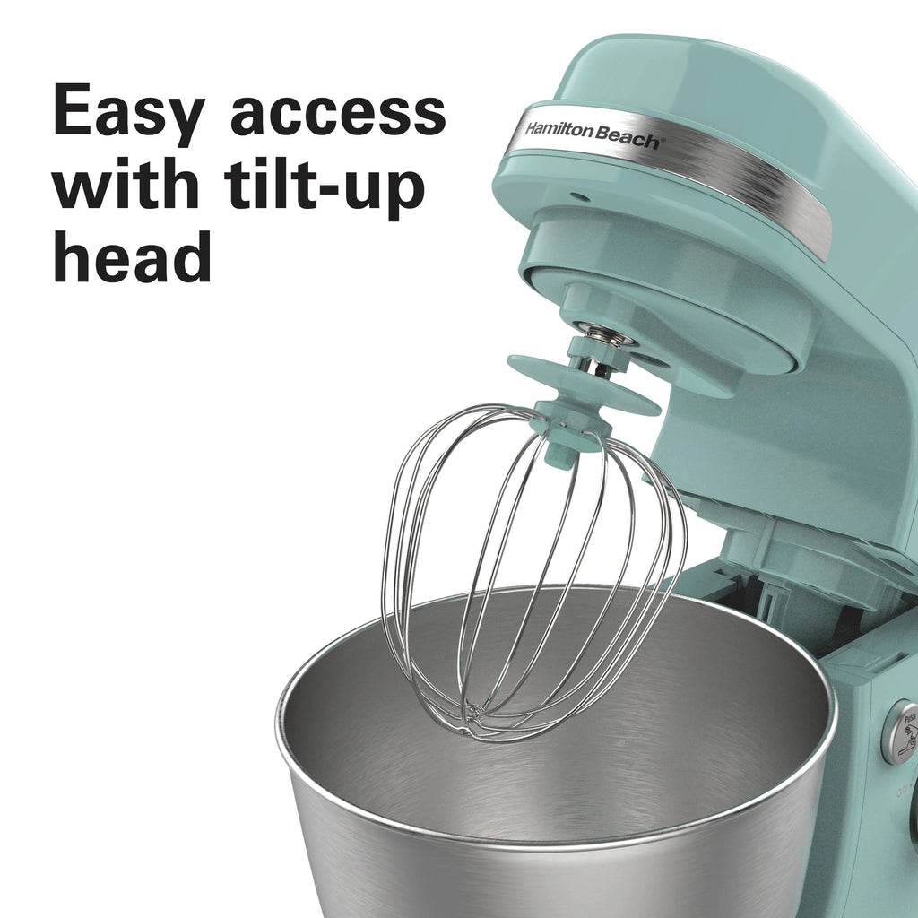 Hamilton Beach 4 Quart Stand Mixer for Kitchen, 7 Speeds, Tilt-Head, Dough Hook, Whisk & Flat Beater, White