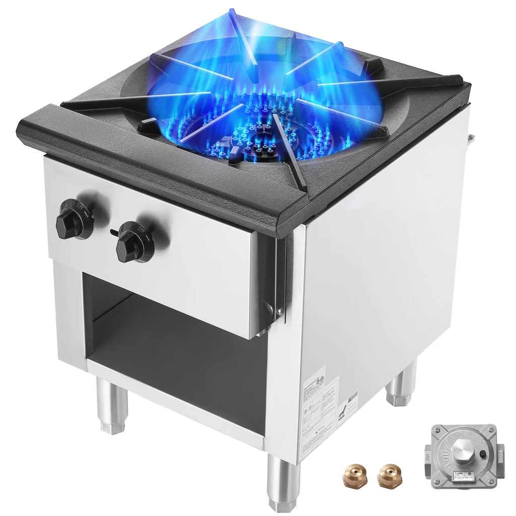 KFFKFF Gas Range for Commercial Kitchens, Dual Fuel Support with Propane & Natural Gas, Stainless Steel Countertop Burner, 90,000 BTU, Includes Storage Cabinet, Ideal for Restaurants
