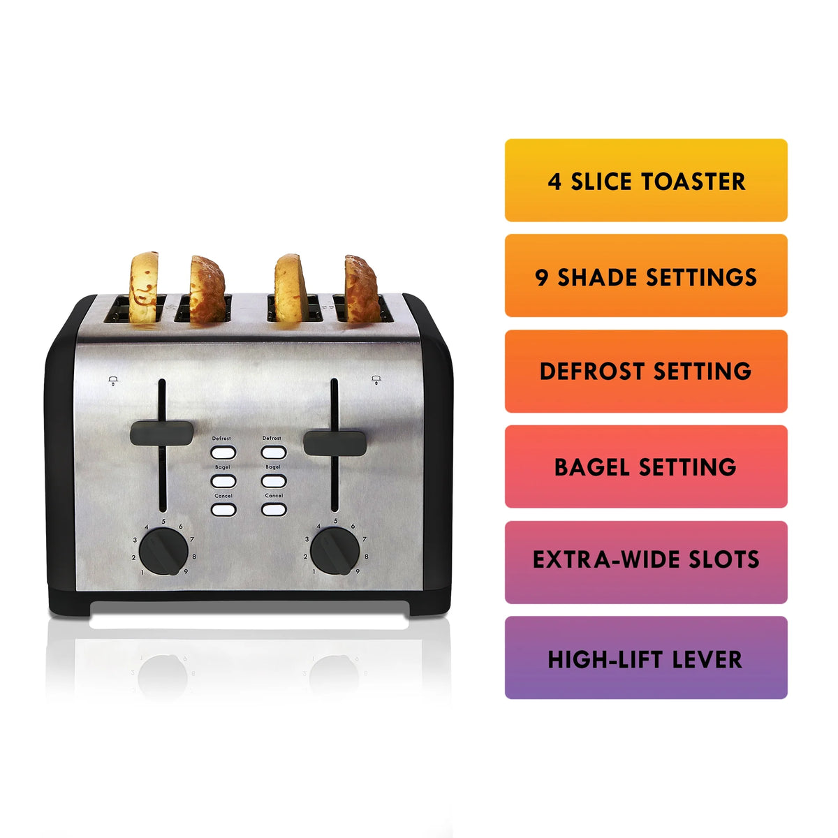 Kenmore 4-Slice Black Stainless Steel Toaster, Dual Controls, Wide Slot