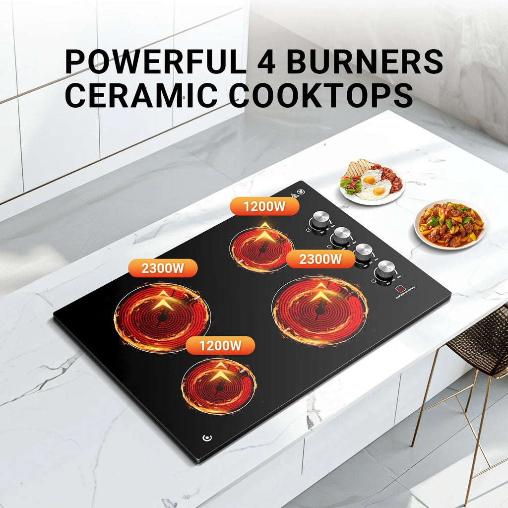 30 Inch Electric Cooktop 4 Burners, Sumaki Built-in Electric Burner with 4 Burners, 240V Power Control by Knob, 7000W Electric Stove with Hot Surface Indicator