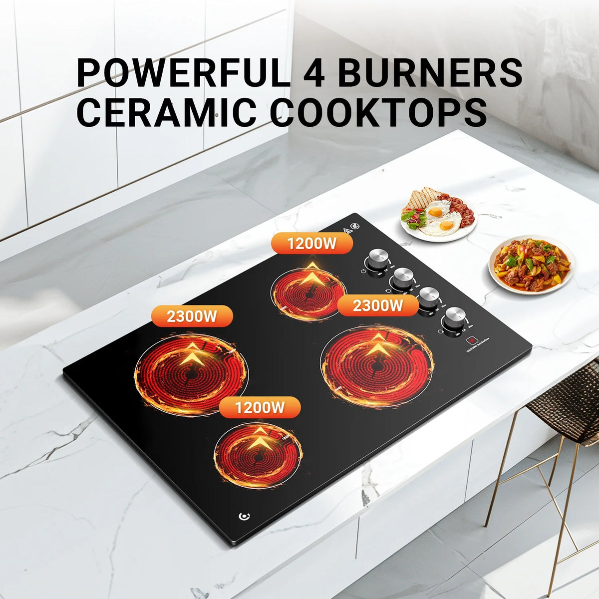 30 Inch Electric Cooktop 4 Burners, Sumaki Built-in Electric Burner with 4 Burners, 240V Power Control by Knob, 7000W Electric Stove with Hot Surface Indicator