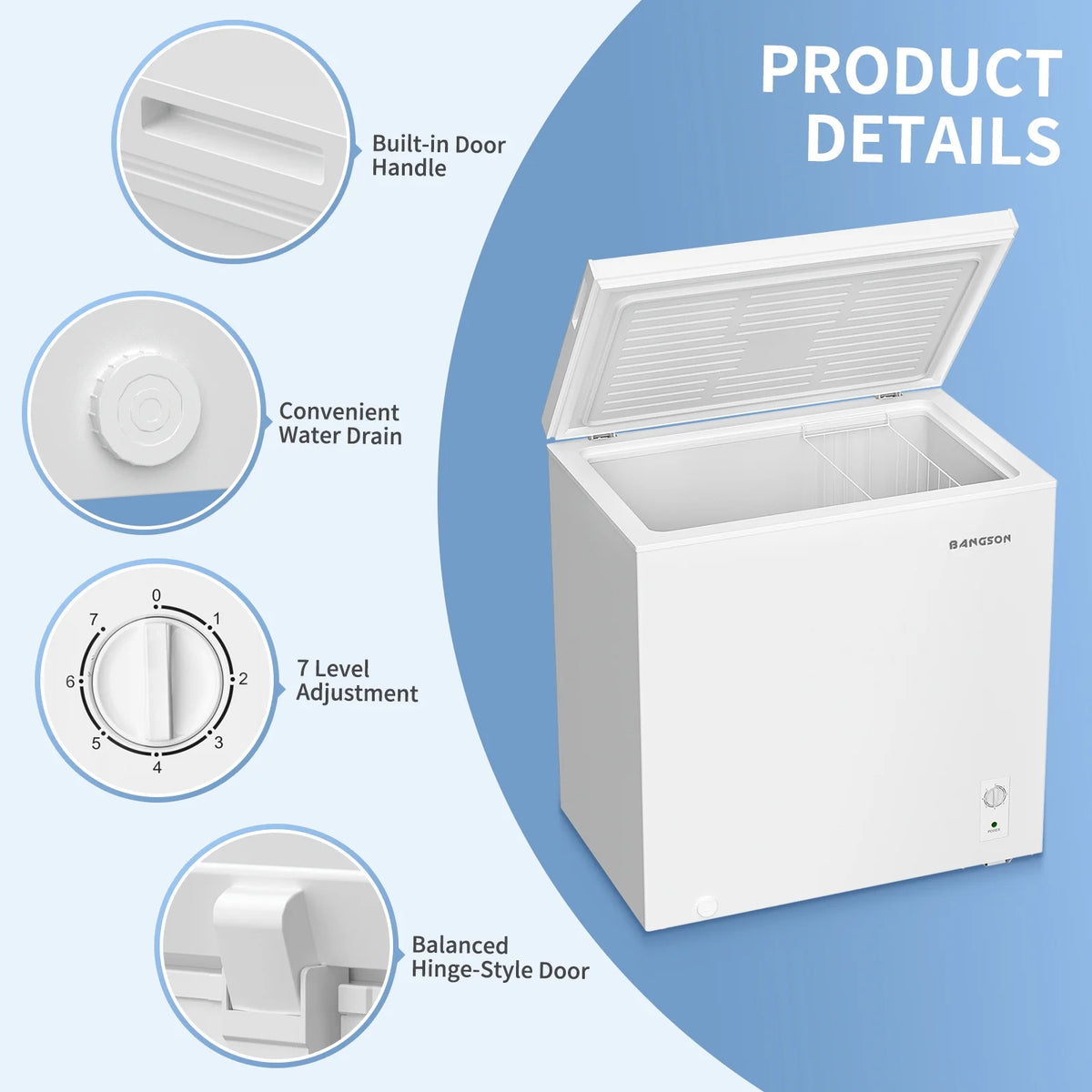 BANGSON 7.0 Cu.Ft Chest Freezer, Deep Freezer with Adjustable Thermostat, Top Open Door Freezer with Removable Basket, Quiet Operation, Ideal for Kitchen/Apartment/Office