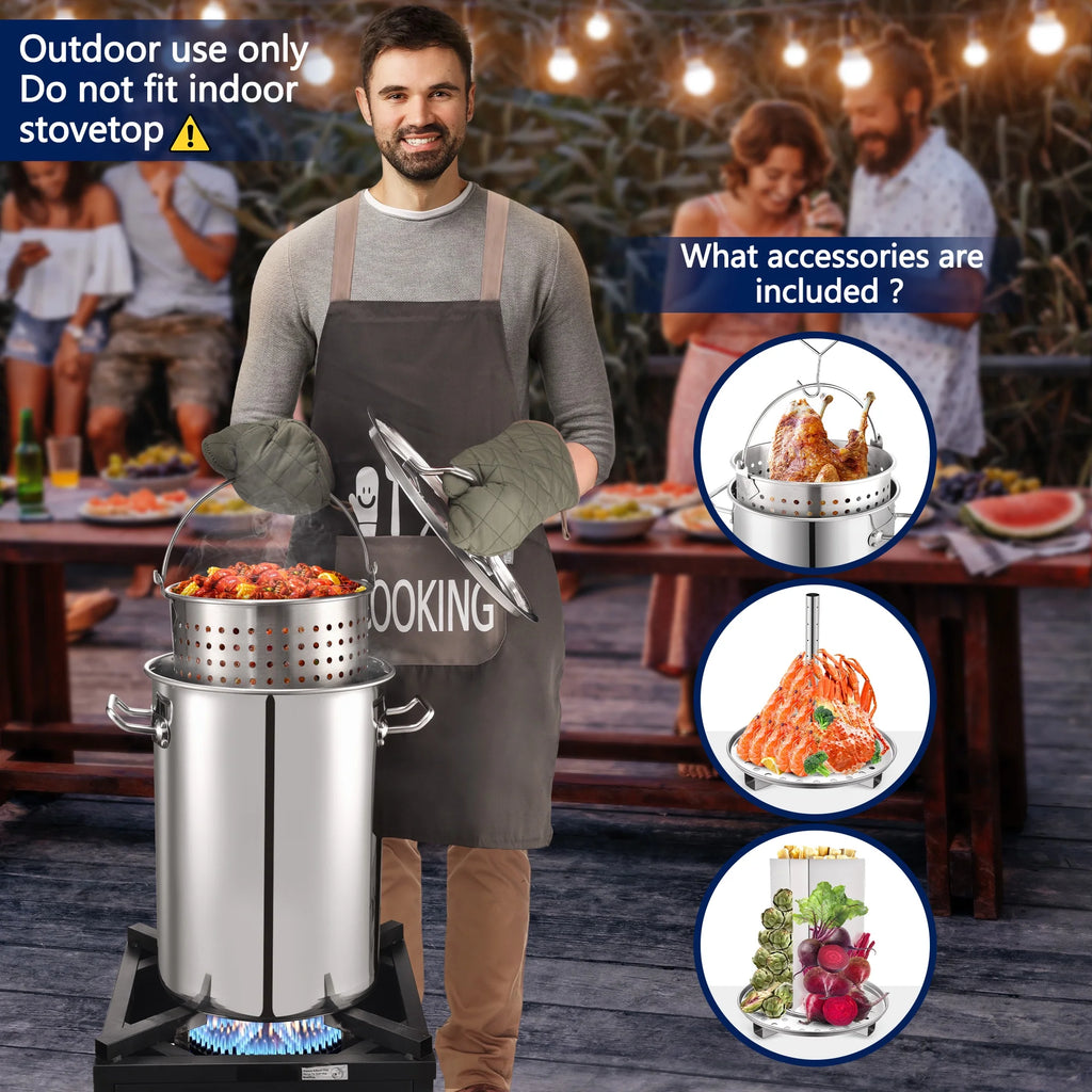64QT Stainless Steel Pot with 200,000BTU Propane Fryer, Seafood Boil Pot, Crab Boil Pot, Lobster Pot, Shrimp Boil Pot, Tamale Steamer Pot with Basket and Turkey Fryer Burner