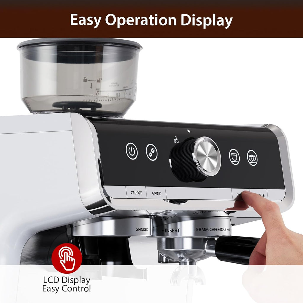 COZONY Espresso Machine 15 Bar, 2.5 L Water Tank, Semi Automatic Coffee Maker with Grinder, Milk Frother/Steam Wand, Italian Pump, All-in-One Espresso Machine, Stainless Steel, Silver