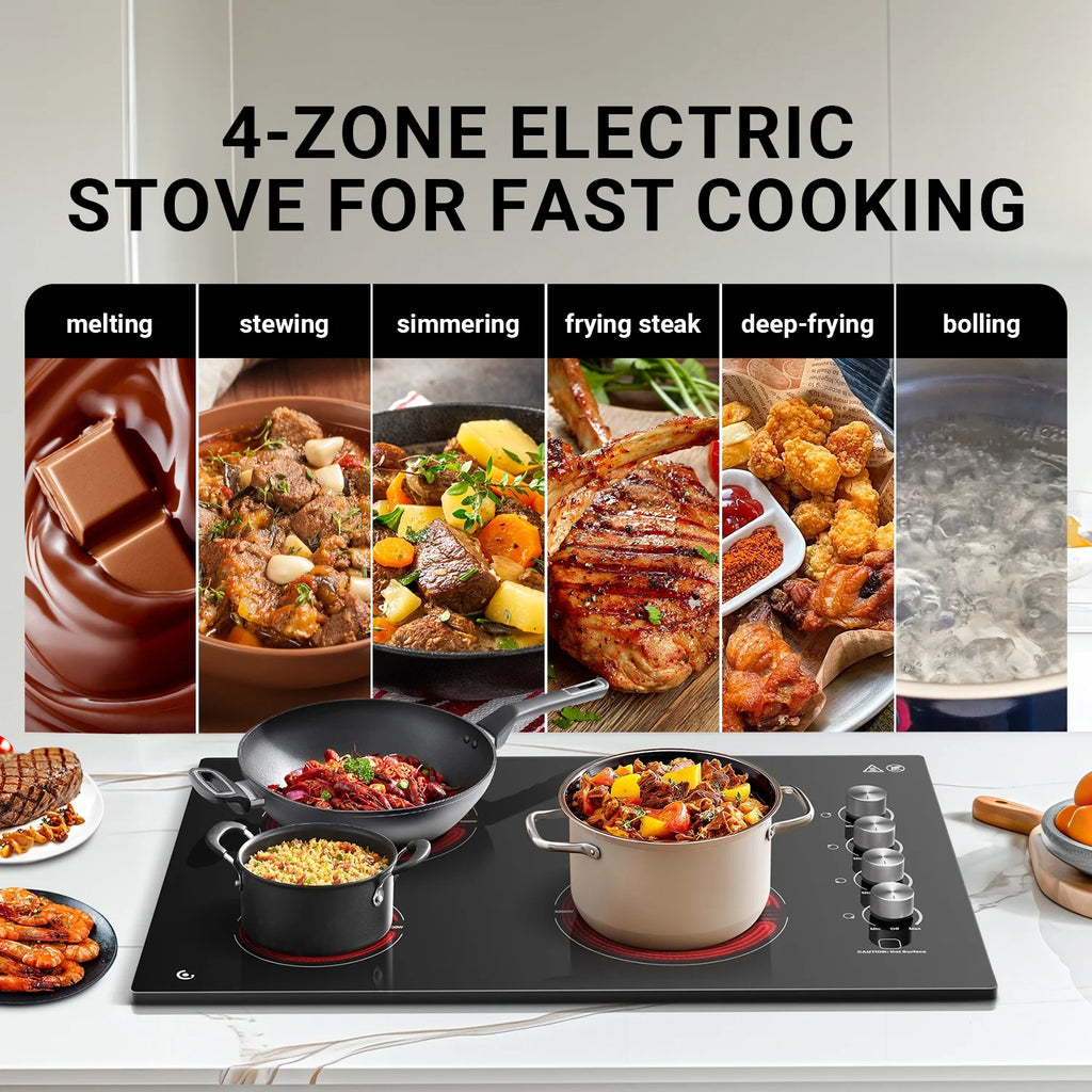 30 Inch Electric Cooktop 4 Burners, Sumaki Built-in Electric Burner with 4 Burners, 240V Power Control by Knob, 7000W Electric Stove with Hot Surface Indicator