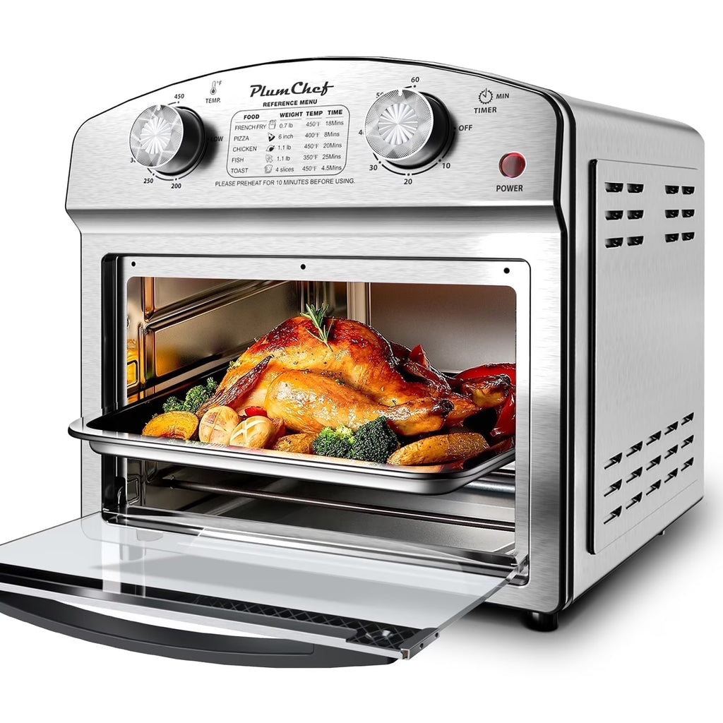 Plum Chef 13QT Air Fryer, 4-Slice Air Fryer Toaster Oven, Space Saving, Visible Window, Oil Free, 1500W, Stainless Steel, Silver