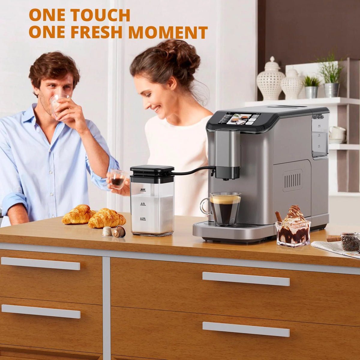 TROPOW Fully Automatic Espresso Machine, Automatic Milk Frother, Coffee Machine with Intuitive Touch Display for Latte, Cappuccino, Iced Coffee, Built-in Grinder, 1.5L Water Tank, for Home Office