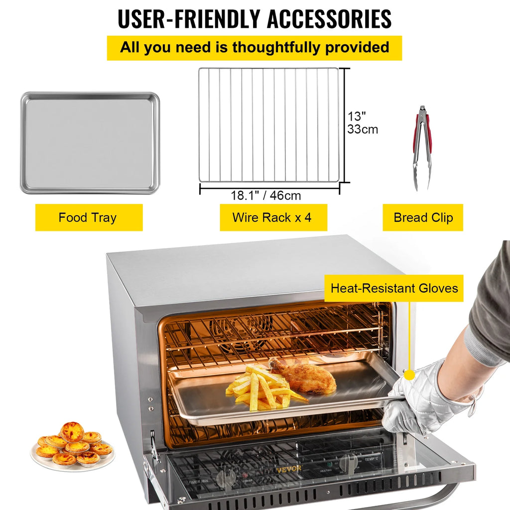 VEVOR Commercial Convection Oven,21L/19Qt,Quarter-Size Conventional Oven Countertop,1440W 3-Tier Toaster with Front Glass Door,Electric Baking Oven with Trays Wire Racks Clip Gloves
