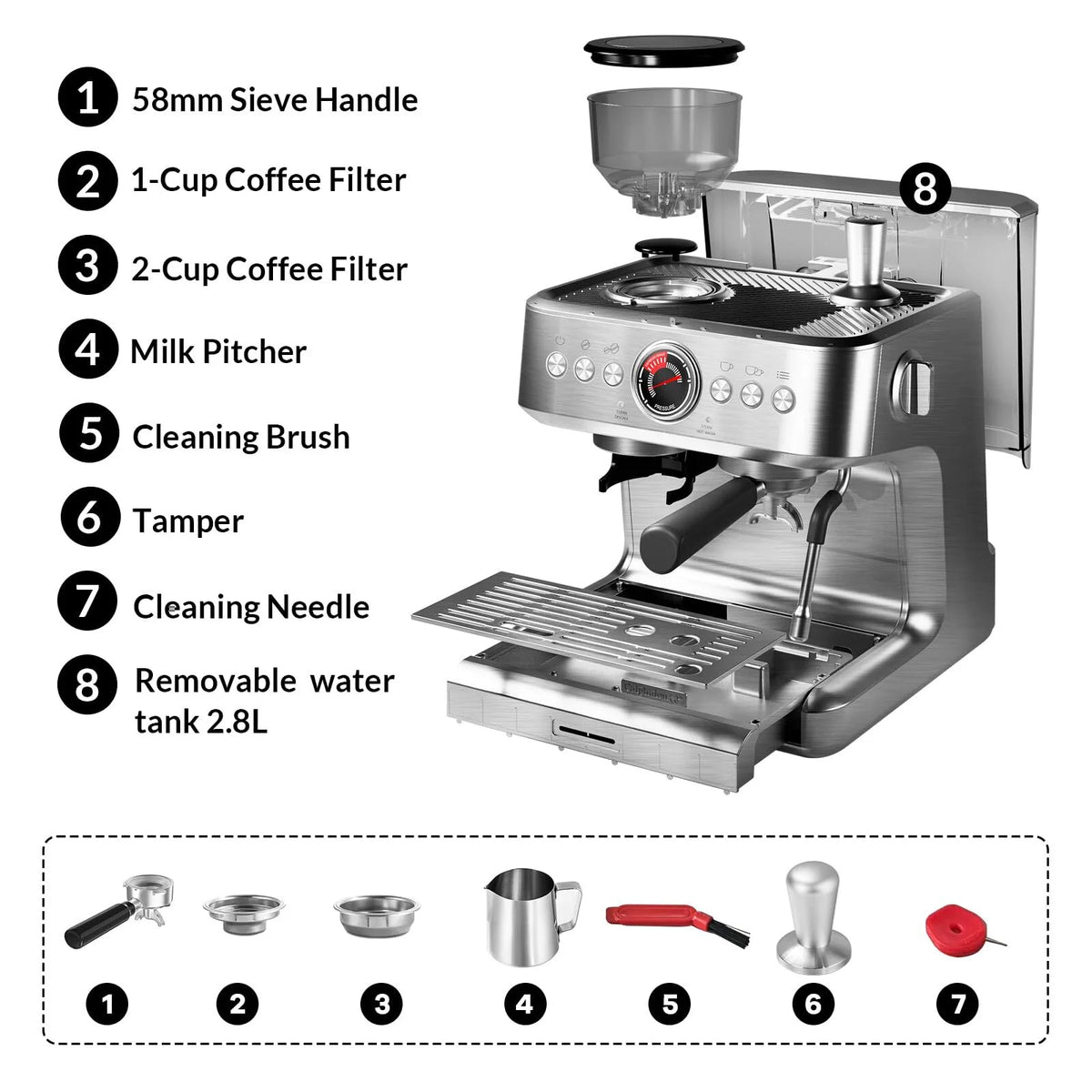 Espresso Machine with Built-in Grinder,Italian ULKA 15 Bar Espresso Machine - 85oz Water Tank, Dual PID Control, Milk Frother & Auto-Cleaning for Perfect Lattes and Cappuccinos