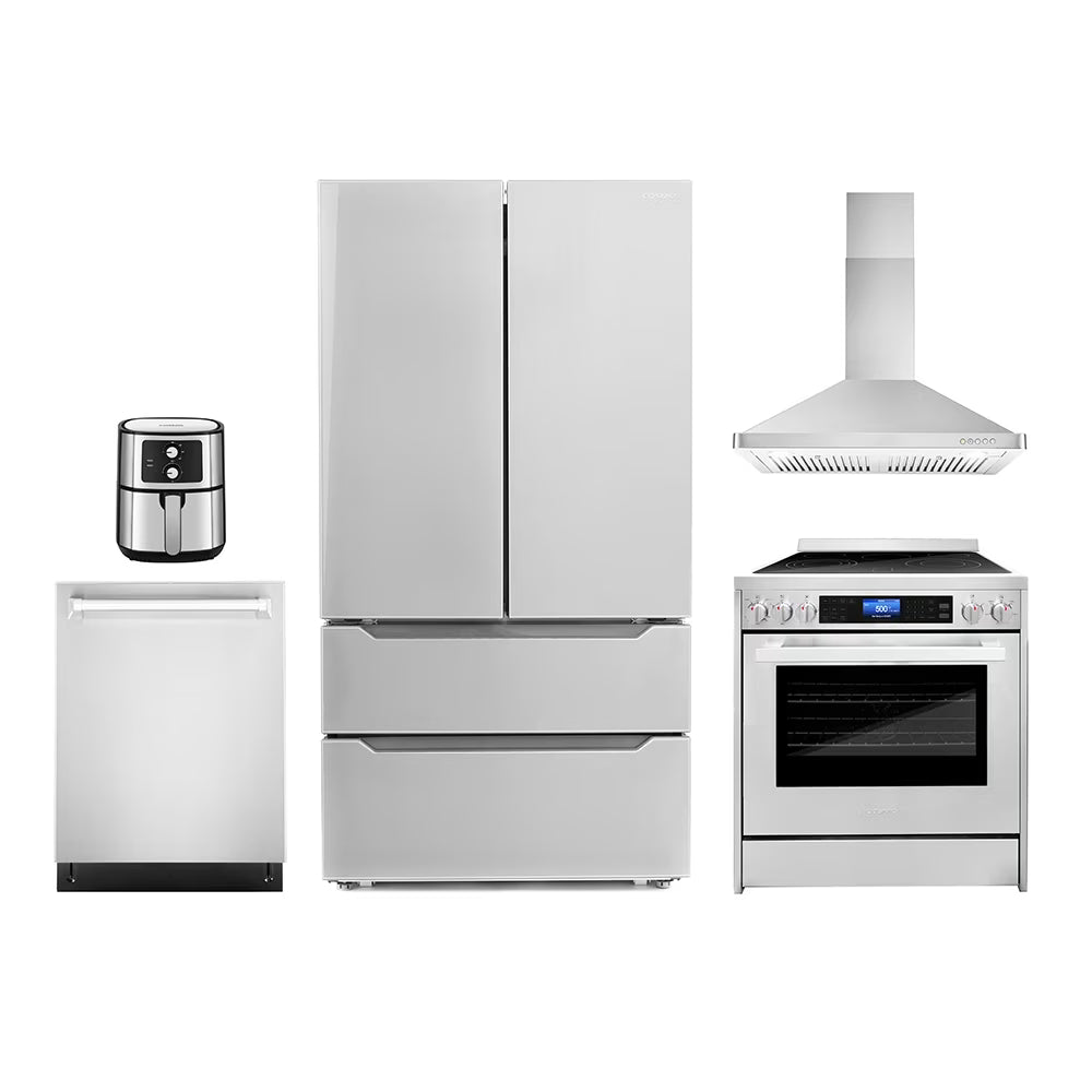 5 Piece Kitchen Package with 30" Freestanding Electric Range 30" Under Cabinet Range Hood 24" Built-in Fully Integrated Dishwasher French Door Refrigerator & 5.5L Electric Hot Air Fryer