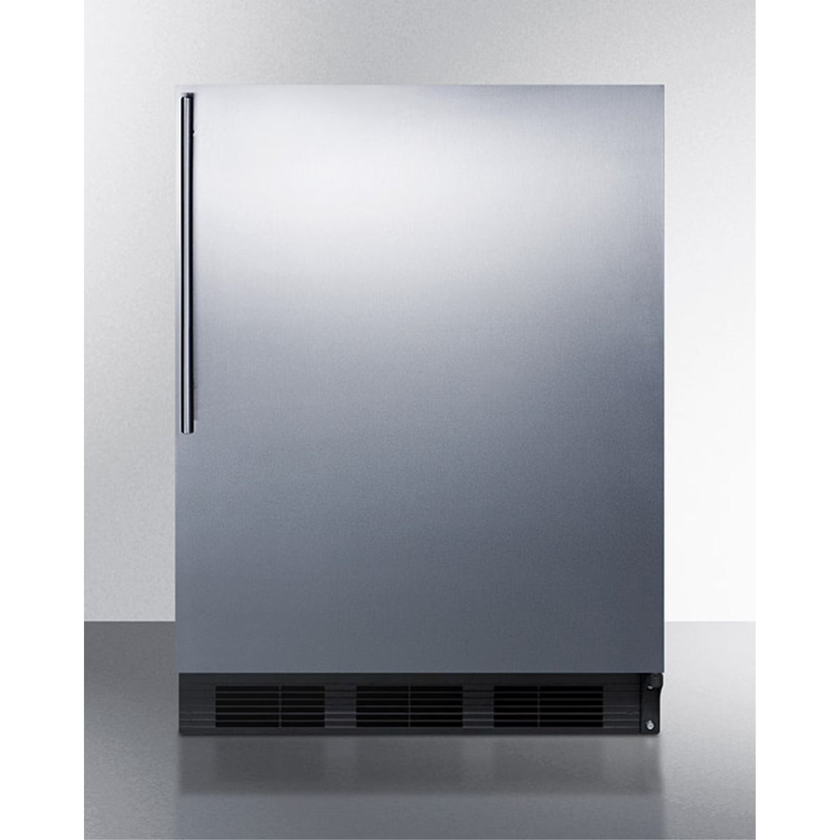 ADA compliant all-refrigerator for built-in general purpose use, auto defrost w/stainless steel wrapped door, thin handle, and black cabinet