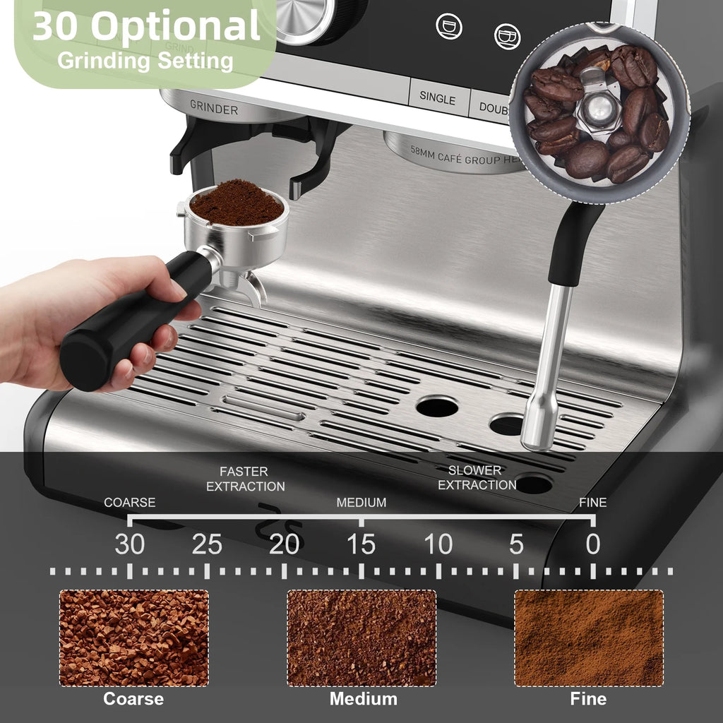 Kojooin Coffee Machines With Grinder,Espresso Machine,Semi-Automatic Espresso Maker With Milk Frother Steamer Wand,Silver
