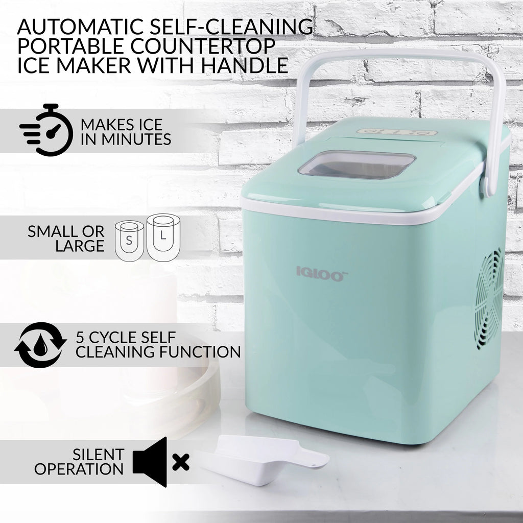 Igloo Handled Automatic Ice Machine Self Cleaning Countertop Ice Maker with Scoop, Aqua