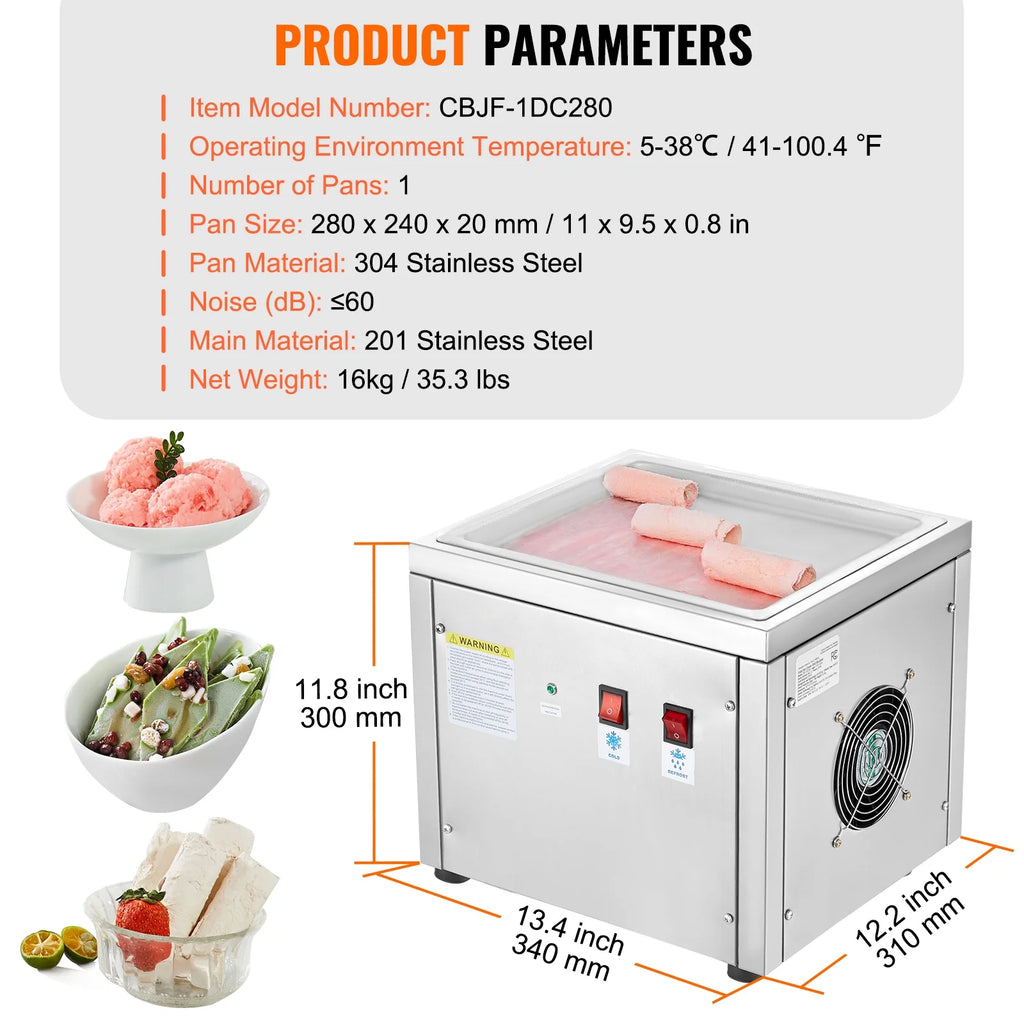 KFFKFF 11 x 9.5 Inch Pan Fried Ice Cream Roll Machine / Rolled Ice Cream Maker