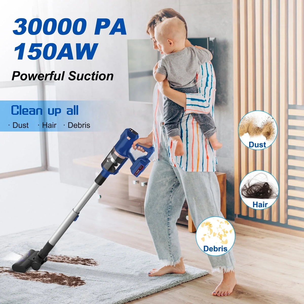 Cordless Vacuum Cleaner,30Kpa 60Mins Stick Vacuum Cleaner with LED Touch Screen,Lightweight Vacuum for Home Pet Hair Carpet Hard Floors V11(Blue)