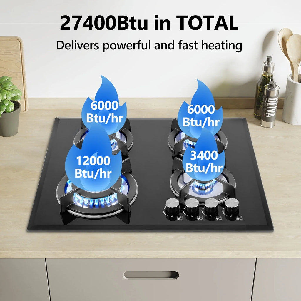 Nardea Gas Stovetop 4 Burner, Built-in/Countertop Propane Gas Cooktop, LPG/NG Dual Fuel Convertible Gas Stove Top with Thermocouple Protection, Black Tempered Glass, 27400BTU