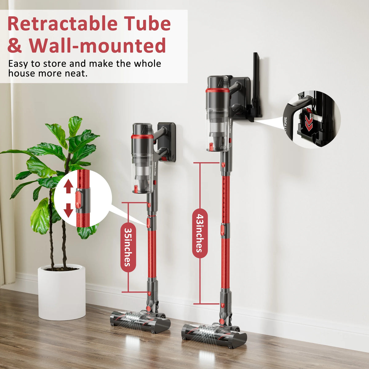 PrettyCare Cordless Vacuum Cleaner Lightweight Stick Vacuum 38kPa with 45min Runtime for Carpet Hard Floors Cleaner Pet Hair P2