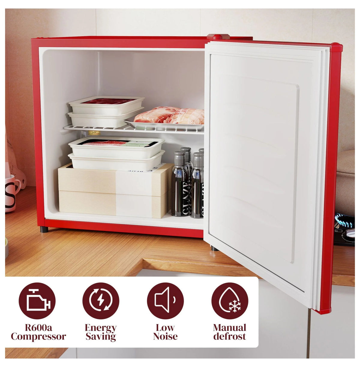 1.1 Cu.Ft Mini Freezer, Compact Upright Freezer - Red, Adjustable Temp, Removable Shelf - Ideal for Dorm, Office, RV & Apartments