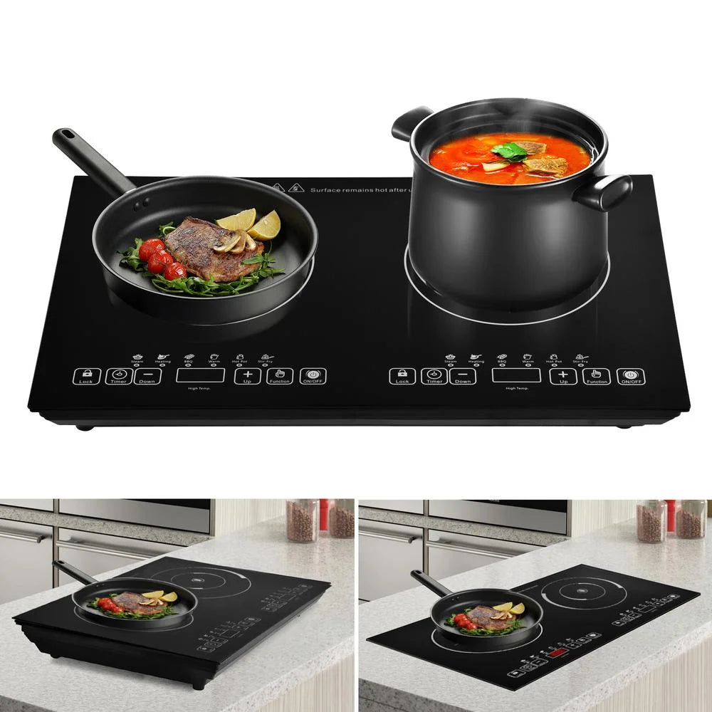 WAASOSCON 2 Burner Electric Cooktop, 2000W+2000W Double Induction Hob, 110V Portable Table Top Stove with Touch Control for Stone Pots