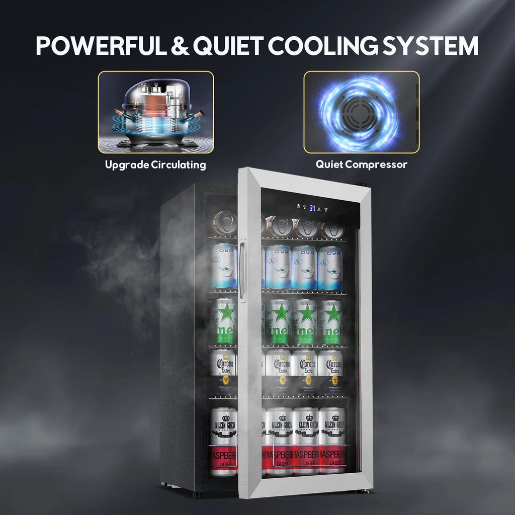 Nipus 17.52 inch Beverage Refrigerator Cooler,120 Cans Capacity with Glass Door for Soda Wine Beer, with Adjustable Removable Shelves, Black