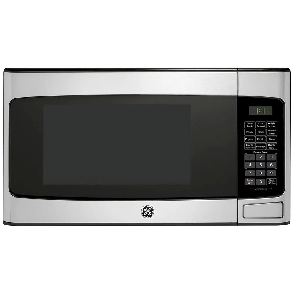 GE GCST11N1WSS 1.1 cu. ft. Countertop Microwave Oven 950 Watts Stainless Steel Bundle with 2 YR CPS Enhanced Protection Pack and Deco Chef Pair of Red Heat Resistant Oven Mitt
