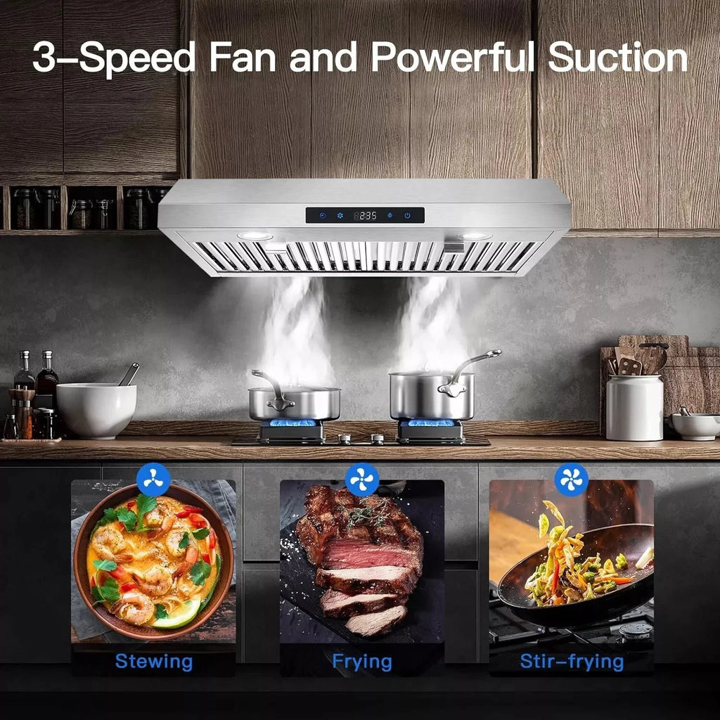 "Joeaonz 30"" Convertible Under Cabinet Range Hood, Stainless Steel, 600CFM, 3-Speed Fan, Dishwasher-Safe Filter"