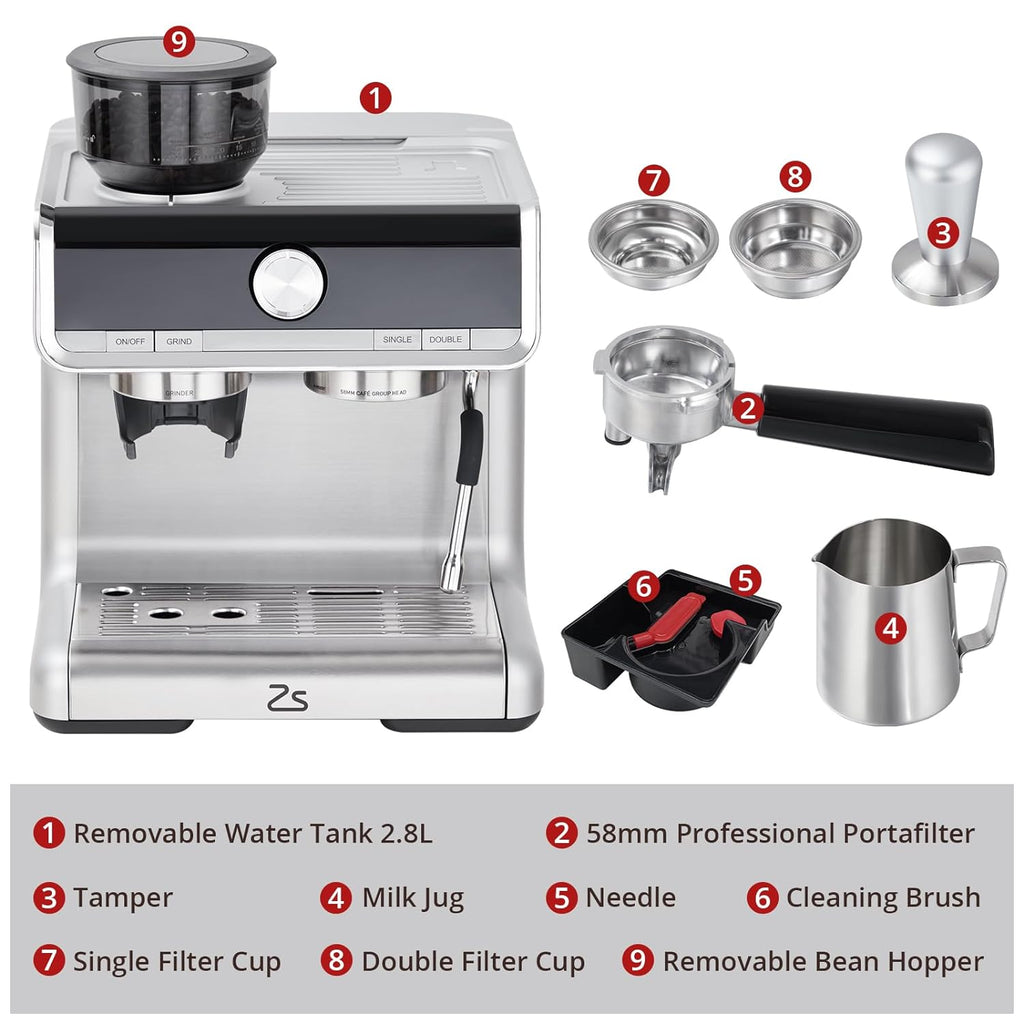 COZONY Espresso Machine 15 Bar, 2.5 L Water Tank, Semi Automatic Coffee Maker with Grinder, Milk Frother/Steam Wand, Italian Pump, All-in-One Espresso Machine, Stainless Steel, Silver