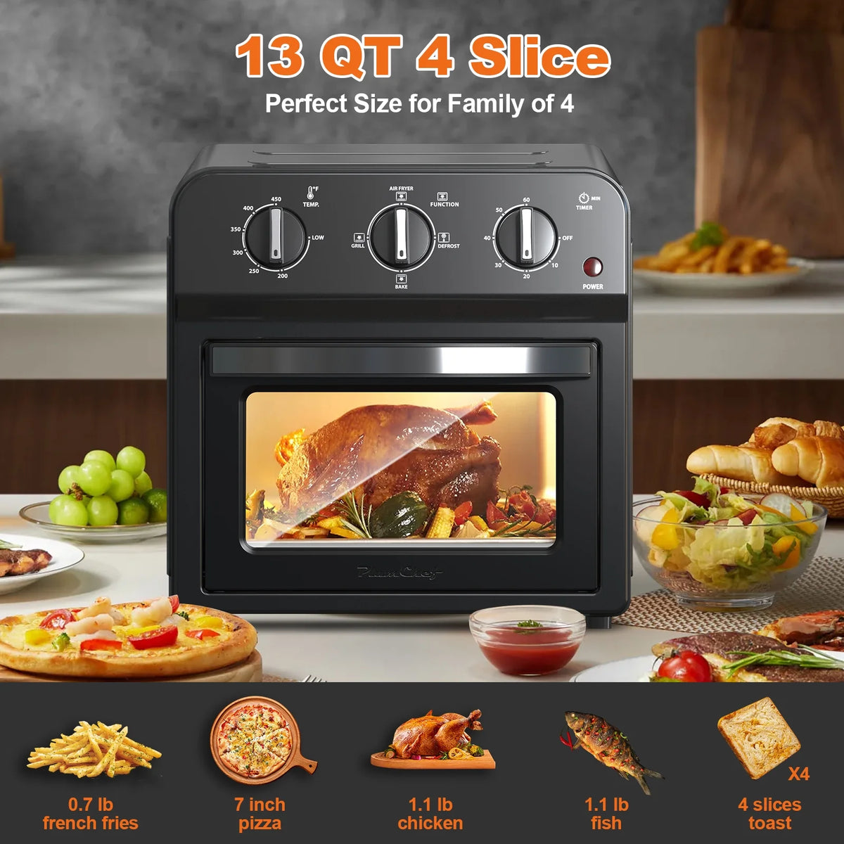 Plum Chef 13QT Air Fryer Toaster Oven Combo, 7-in-1 Multifunctional Countertop Oven with 360�� Hot Air Circulation for Healthy Oil-Free Cooking, Family Size, Stainless Steel, Silver