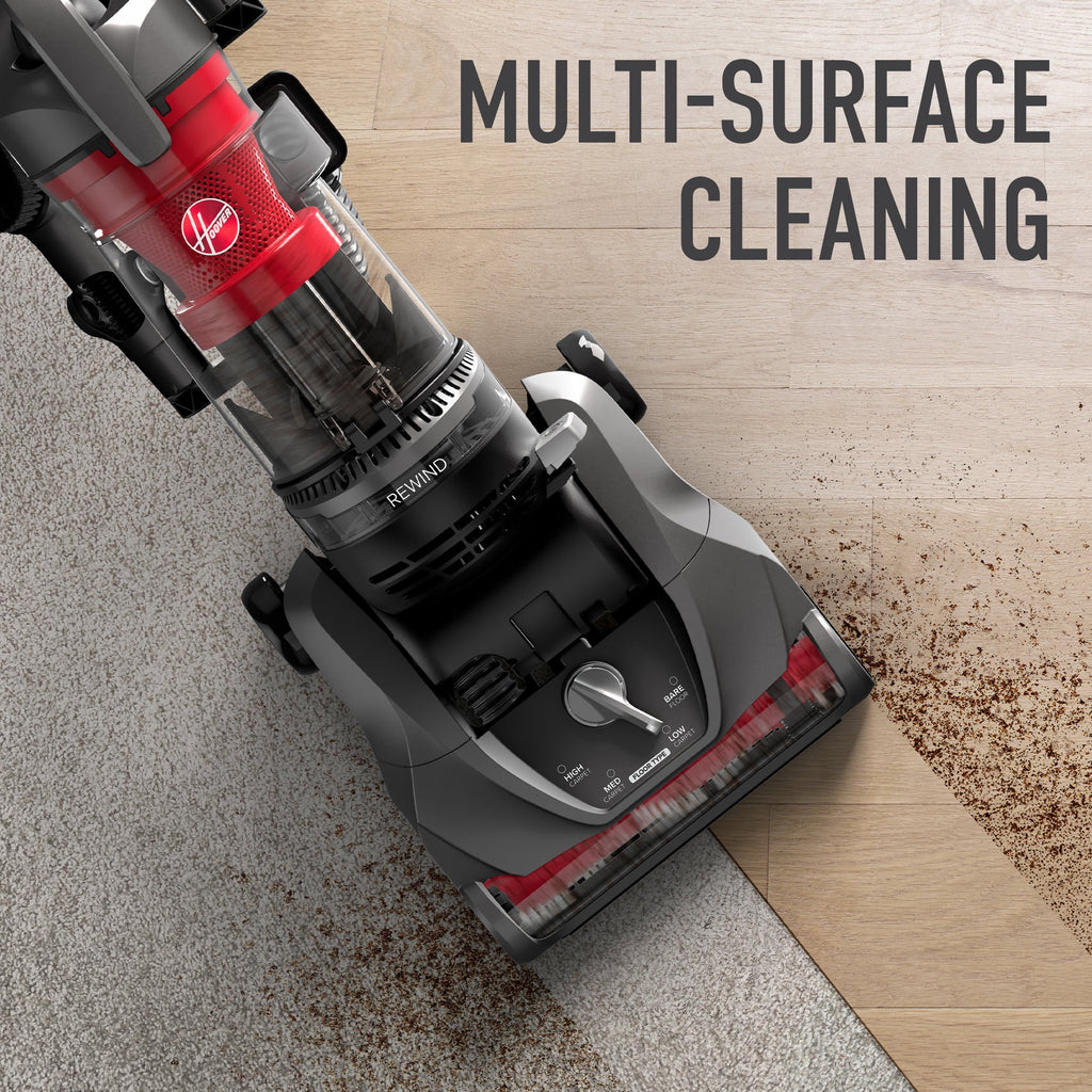 Hoover Rewind Pet Bagless Upright Vacuum Cleaner, Pet Friendly, Automatic Cord Rewind, Multi-Surface and Above Floor Cleaning, UH77410V, Gray & Red