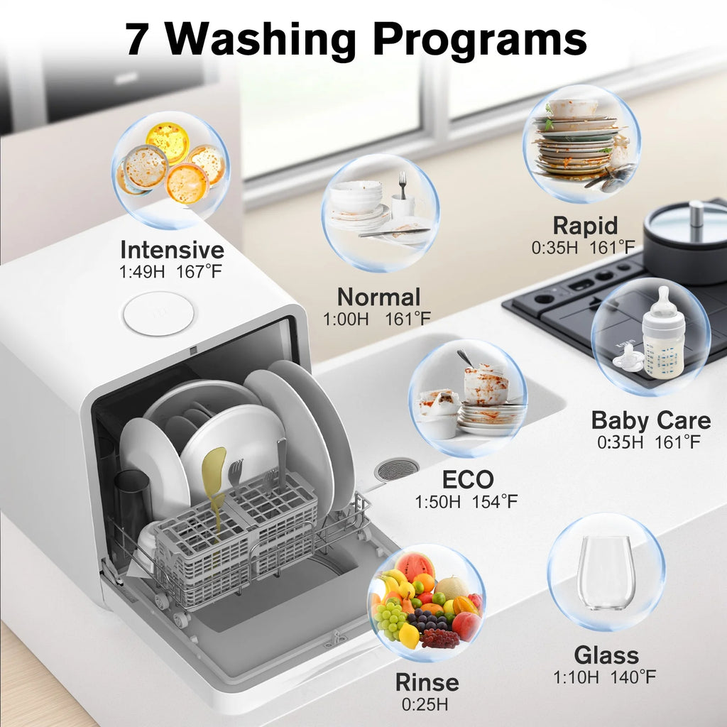 Advwin Portable Countertop Dishwasher with Upgraded 24H Delay Cleaning and 7 Programs,��5L Water Tank& 360��Dual Spray, High-Temp for Apartments & RVs, No Installation Needed